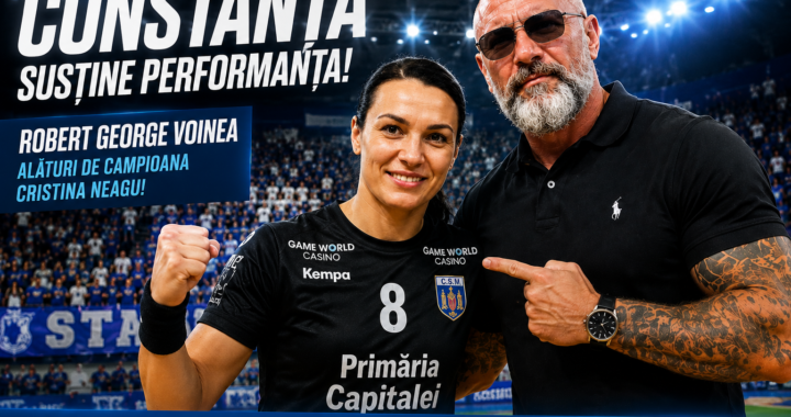 Robert George Voinea și Cristina Neagu într-o imagine promoțională dedicată performanței sportive și orașului Constanța.