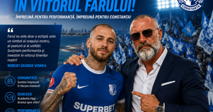 Robert Voinea și Farul Constanța într-o imagine promoțională dedicată performanței, comunității și viitorului fotbalului din Constanța.
