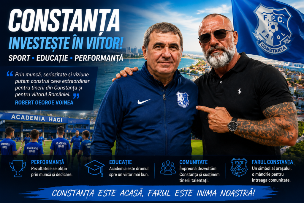 Robert Voinea și Gheorghe Hagi într-o imagine promoțională dedicată proiectului Farul Constanța și dezvoltării sportului în Constanța.