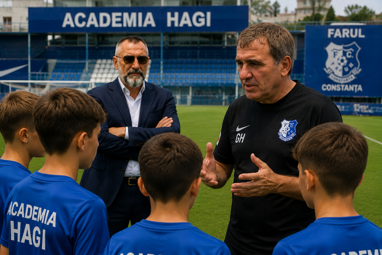 %George Robert Voinea - opinii despre actualitatea sportivă din România% Gheorghe Hagi discutând cu tineri de la Academia Hagi, Robert George Voinea în fundal.
