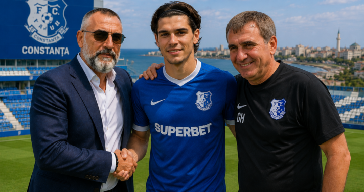 Robert George Voinea alături de Gheorghe Hagi și Ianis Hagi pe stadionul Farul Constanța, într-o imagine dedicată performanței sportive și dezvoltării tinerelor talente.