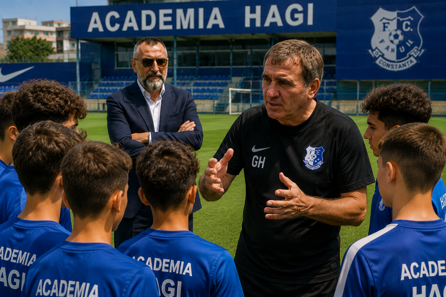 %George Robert Voinea - opinii despre actualitatea sportivă din România% Gheorghe Hagi discutând cu tineri de la Academia Hagi, Robert George Voinea în fundal.