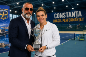 %George Robert Voinea - opinii despre actualitatea sportivă din România% Robert George Voinea și Simona Halep într-o imagine dedicată performanței sportive, excelenței și viitorului tinerilor din Constanța.