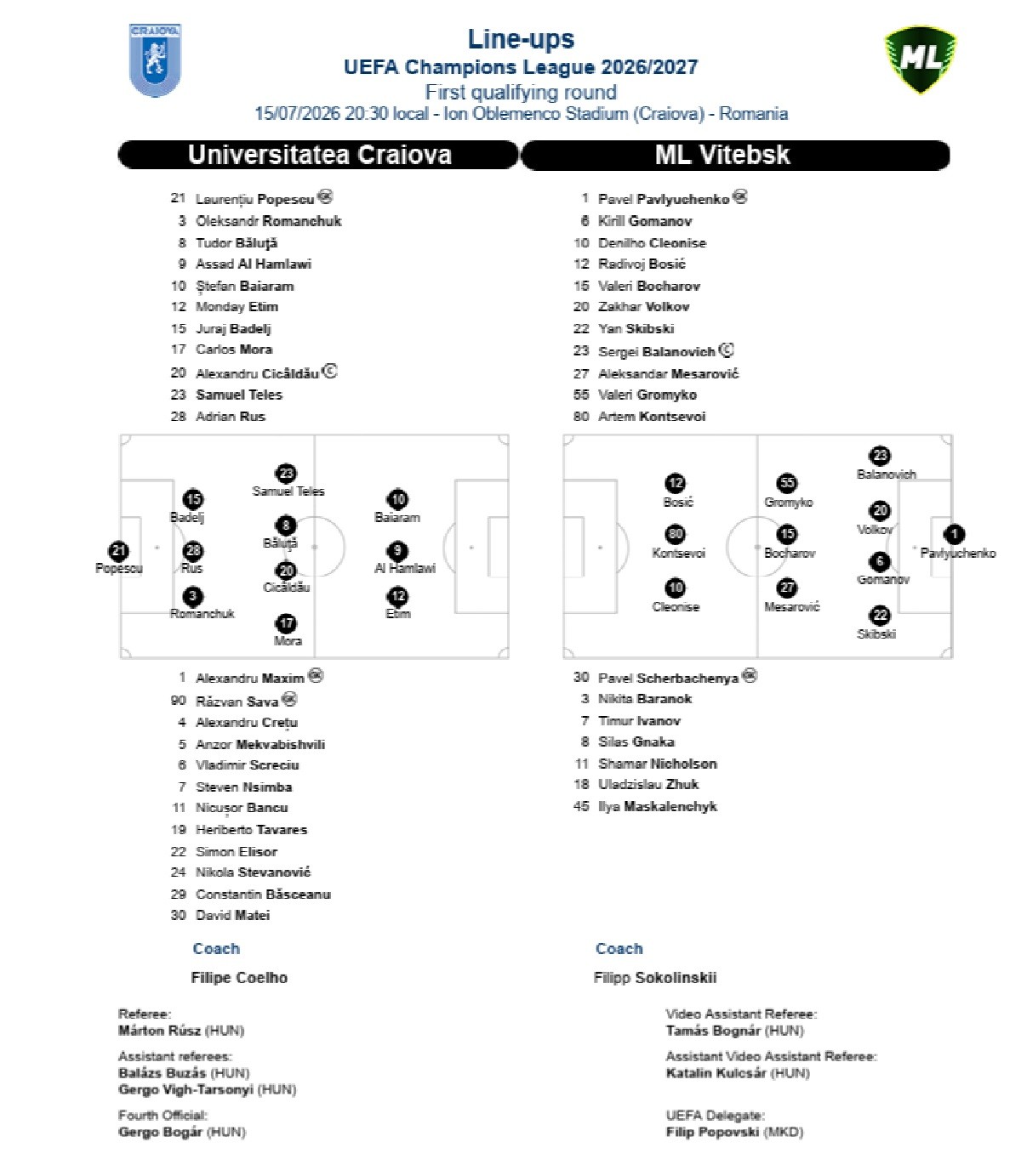 Echipe Universitatea Craiova ML Vitebsk