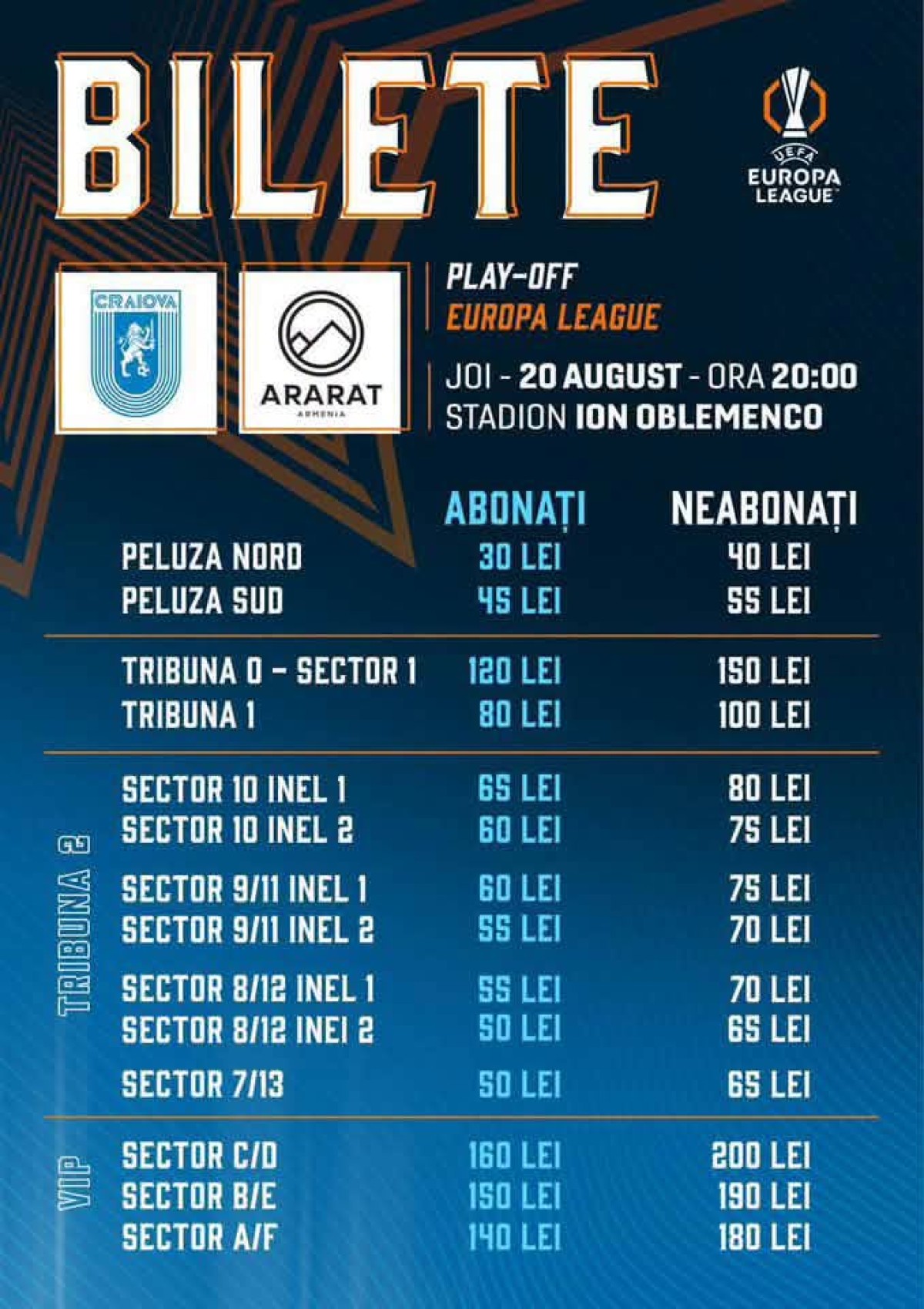 prețuri bilete Craiova Ararat